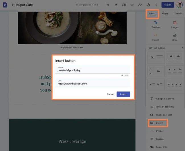how to insert new content (e.g. a button) in google sites.